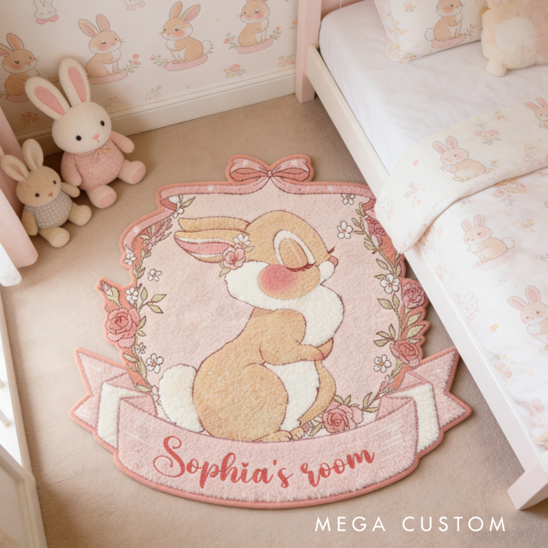 Personalized Bunny Theme Custom Name Cute Pink Bow Floral Wreath Soft Pastel Carpet Rug for Kids