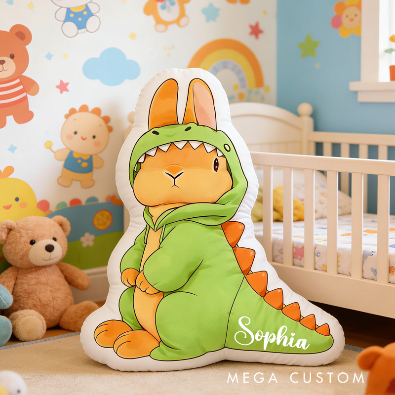Personalized Bunny Theme Custom Name Cute Rabbit Wearing Green Dinosaur Costume 3D Print Pillow