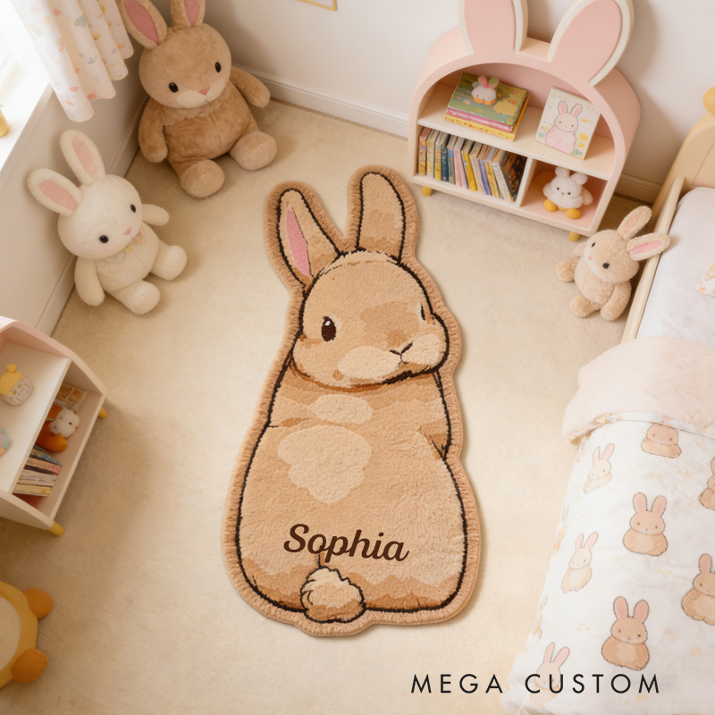 Personalized Cute Bunny Theme Custom Name Fluffy Animal Shape Warm Nursery Carpet Rug for Kids