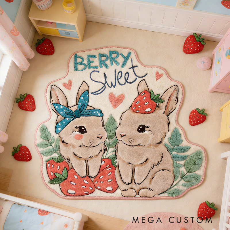 Personalized Bunny Theme Custom Name Cute Rabbits with Strawberries Sweet Pastel Carpet Rug for Kids