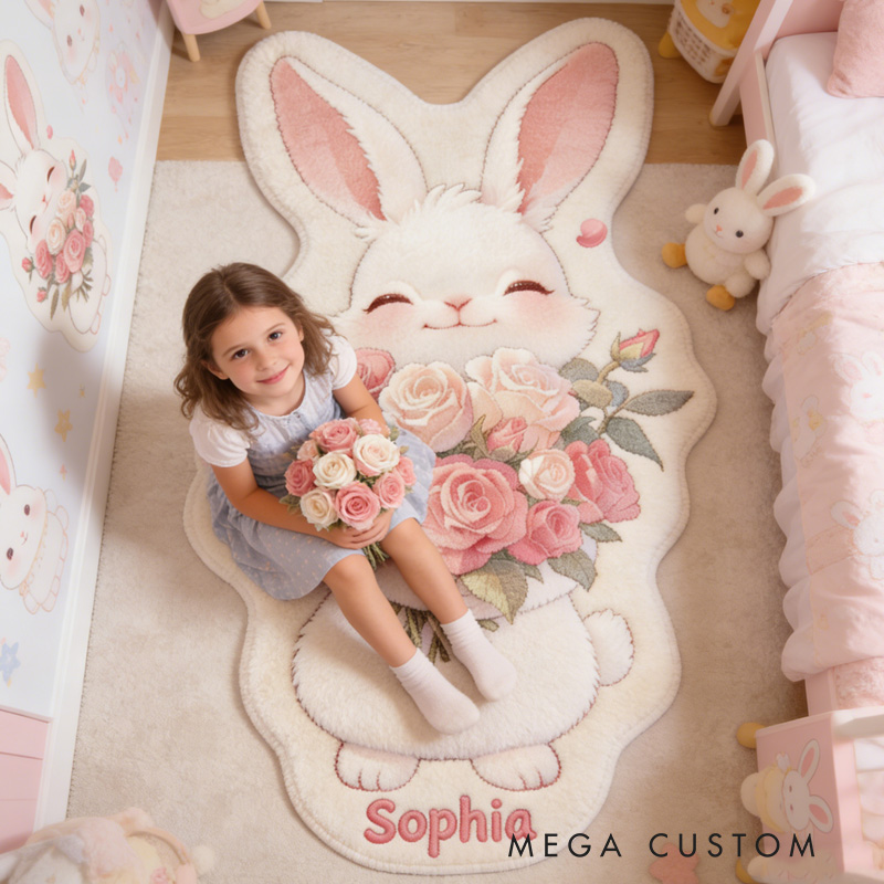 Personalized Rabbit Theme Custom Name Adorable Bunny with Floral Bouquet Cozy Carpet Rug for Kids