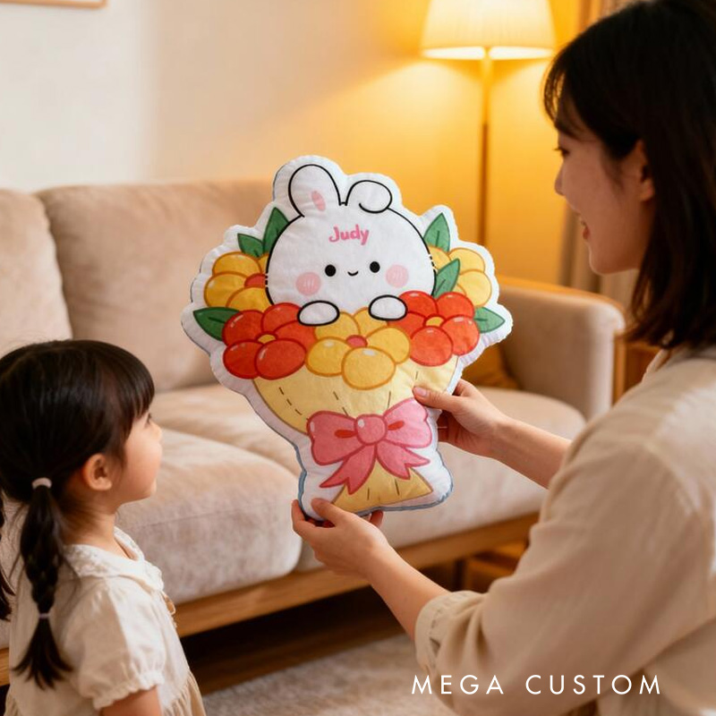 Personalized Bunny Theme Custom Name Cute Rabbit in Flower Basket with Pink Bow 3D Print Pillow