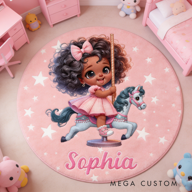 Personalized Cartoon Black Girl Rug with Name Home Decor Christmas Birthday Gift for Kids