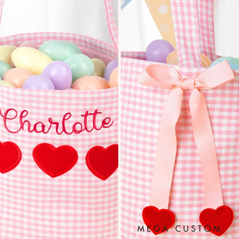 Personalized Gingham Heart Bucket Bag with Embroidered Name Birthday Valentine's Day School Exchange Gift for Kids