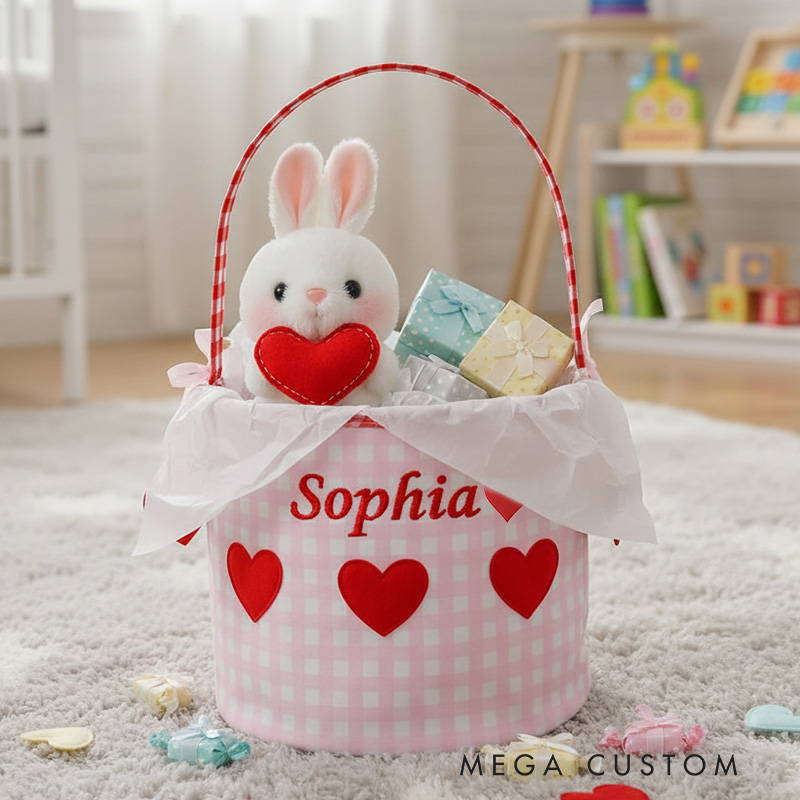 Personalized Gingham Heart Bucket Bag with Embroidered Name Birthday Valentine's Day School Exchange Gift for Kid
