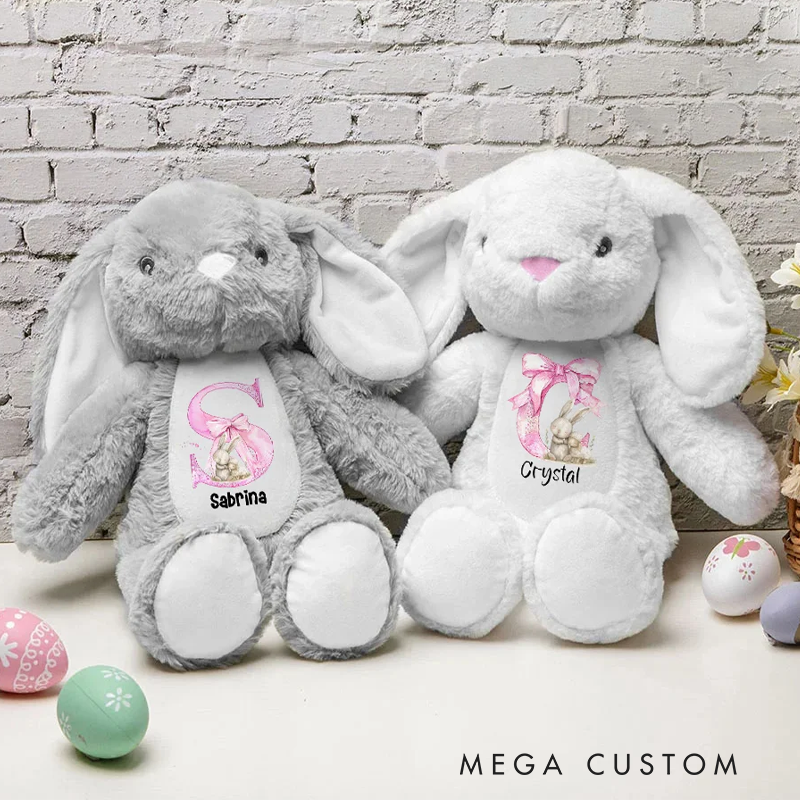 Personalized Pink Coquette Bow Initial Cute Easter Bunny Plush Stuffed Animal Toy with Name Easter Birthday Gift for Kids