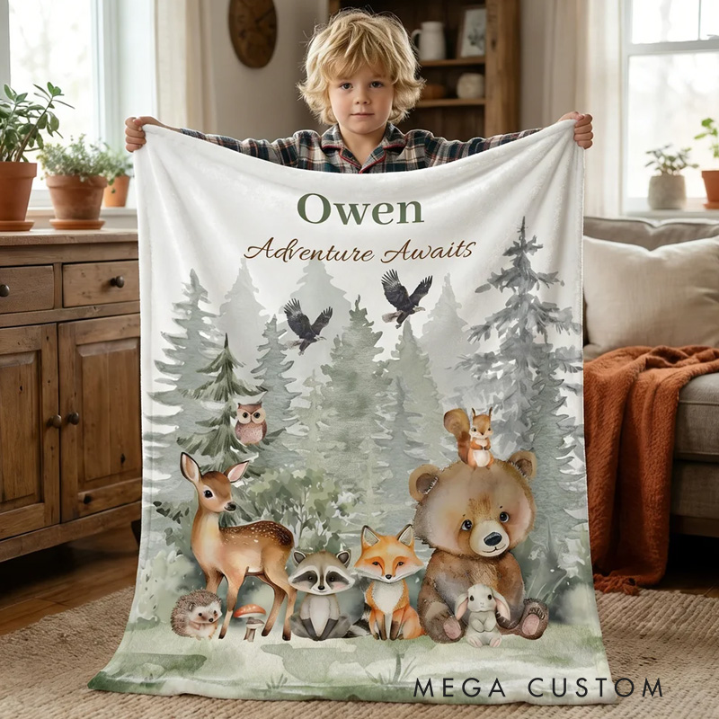 Personalized Watercolor Jungle Animals Soft Throw Blanket with Name and Text Home Decor Birthday Gift for Kids