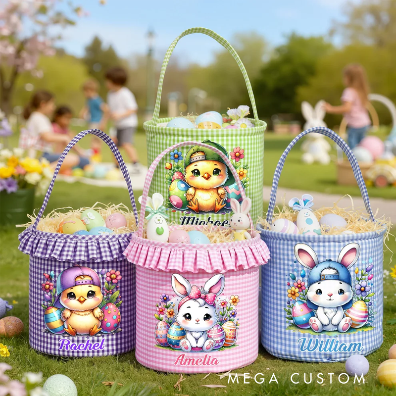 Personalized Cartoon Cute Bunny Chick Reusable Easter Plaid Basket with Name Easter Egg Hunt Easter Party Gift for Kids