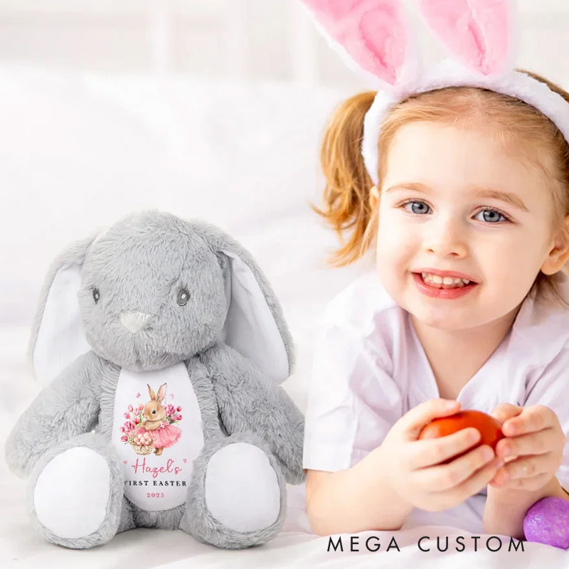 Personalized First Easter Cute Bunny Plush Stuffed Animal Toy with Name and Year Holiday Baby Shower Gift for Boys Girls
