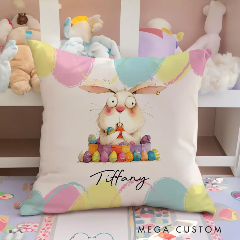Personalized Quirky Easter Egg Bunny Soft Throw Pillow Cover with Name Easter Party Home Decor Gift for Kids