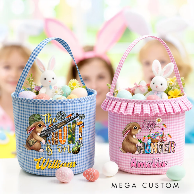 Personalized Cute Bunny Camouflage Flower Plaid Easter Basket with Name Easter Egg Hunt Easter Gift for Boys Girls