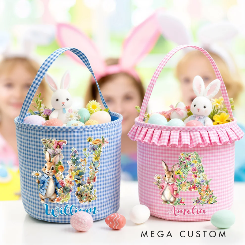 Personalized Cute Flower Peter Rabbit Easter Basket with Name and Initial Easter Eggs Hunting Party Favor Gift for Boys Girls