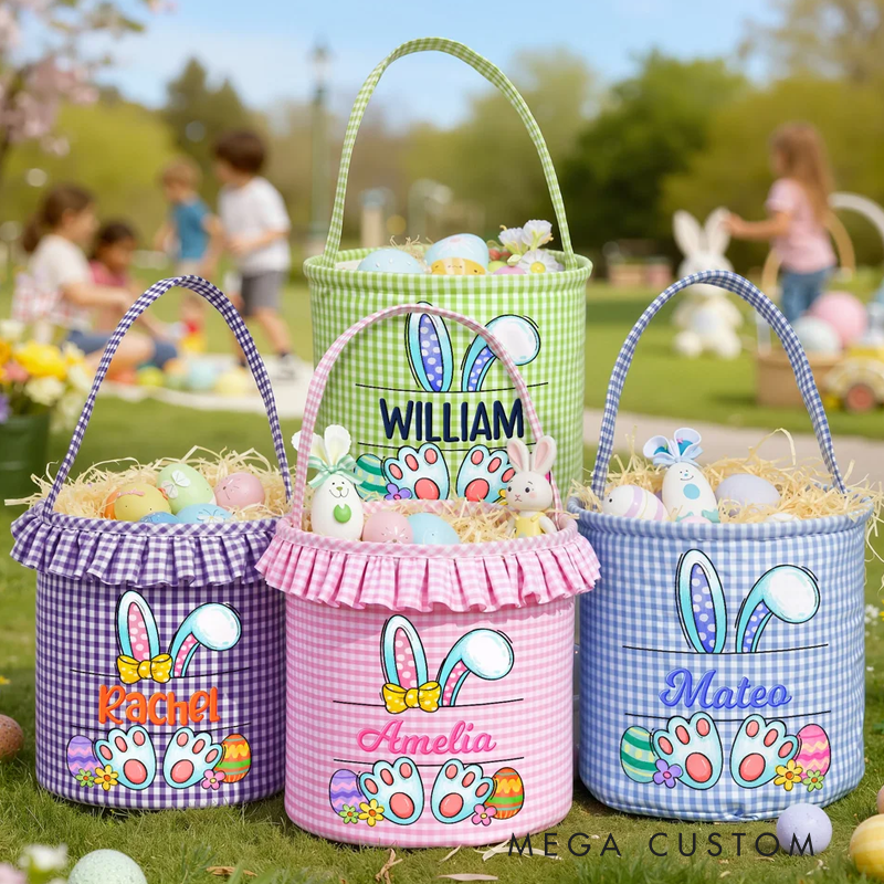 Personalized Multi-Color Cute Peter Rabbit Large Capacity Plaid Easter Basket with Name Easter Egg Hunting Party Favor Gift for Boys Girls