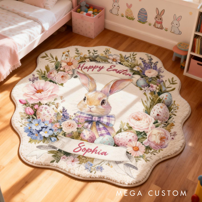 Personalized Bunny Theme Custom Name Cute Easter Rabbit with Floral Wreath Pastel Carpet Rug for Kids