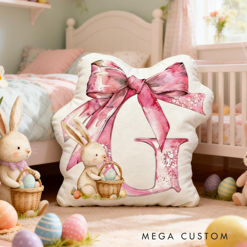 Personalized Bunny Theme Custom Name Cute Rabbit with Big Pink Blue Bow 3D Print Pillow