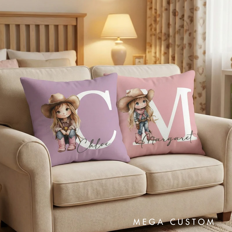 Personalized Cartoon Cowboy Cowgirl Soft Throw Pillow Cover with Name and Initial Home Decor Birthday Gift for Boys Girls