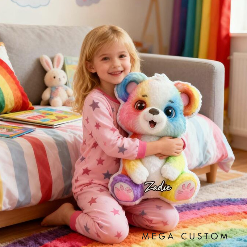 Personalized Cute Teddy Theme Custom Name Bright Colorful Rainbow Bear Pattern 3D Print Pillow