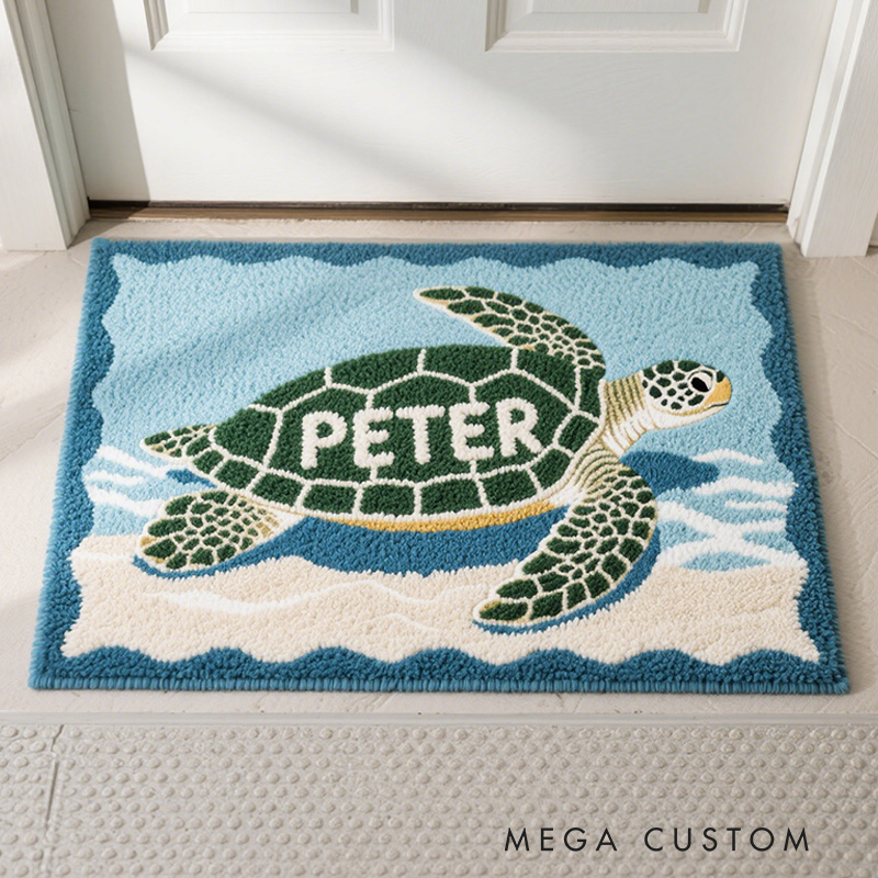 Personalized Sea Turtle Theme Custom Name Ocean Beach Style Cute Marine Animal Carpet Rug for Kids