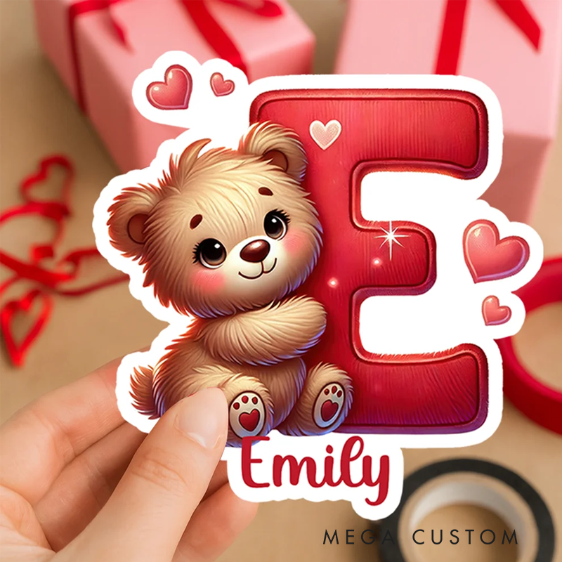 Personalized Heart Cute Cartoon Bear Initial Waterproof Stickers Labels with Name Valentine's Day Birthday Gift for Kids