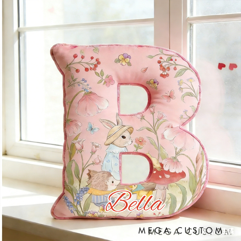 Personalized Bunny Theme Custom Name Cute Rabbit with Eggs and Flowers Pink 3D Print Pillow