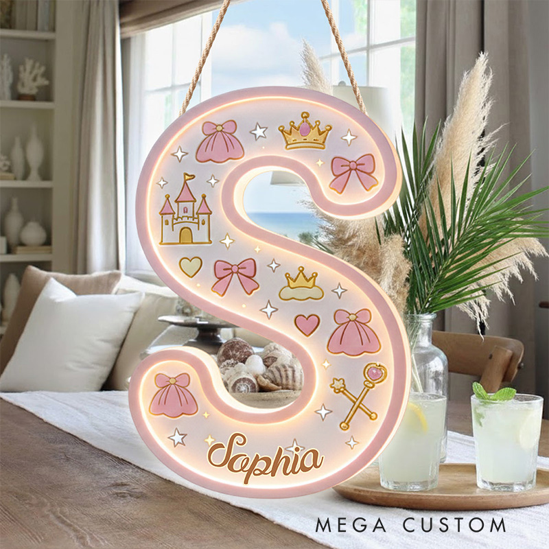 Personalized Princess Theme Custom Name Crown Castle and Bow Pattern Nursery LED Light Acrylic Sign