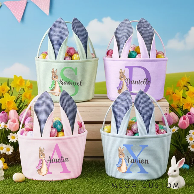 Personalized Cute Peter Rabbit Ears Stripe Easter Basket with Name and Initial Easter Party Favor Eggs Hunting Gift for Kids