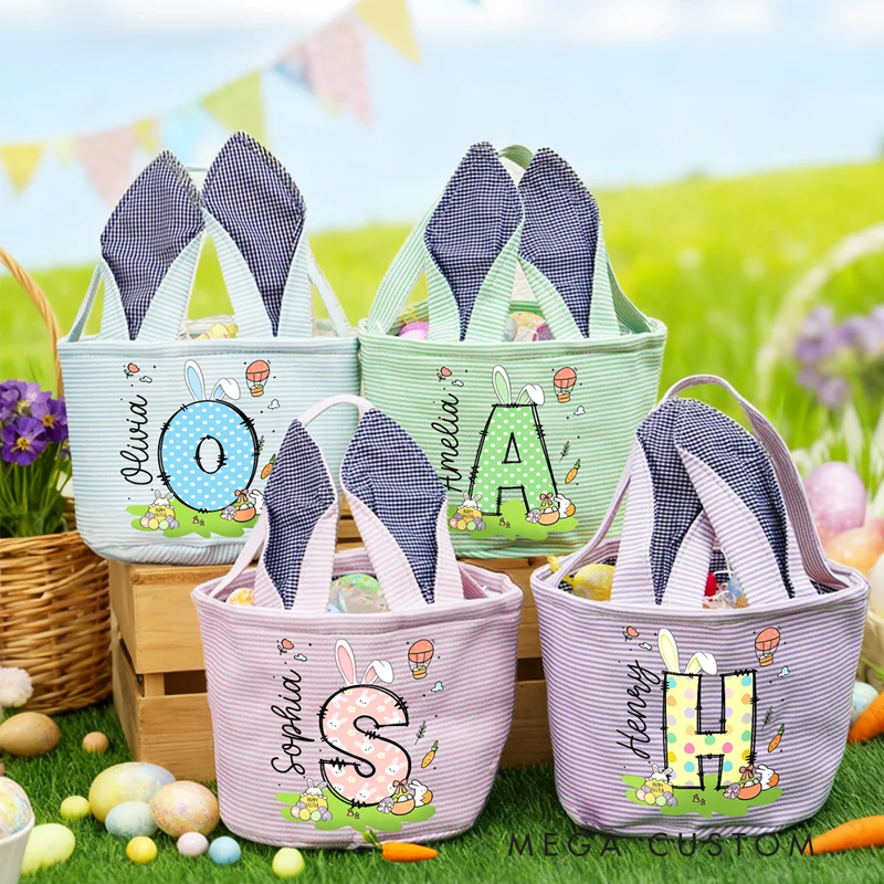 Personalized Cute Bunny Ears Polka Dot Initial Easter Basket with Name Egg Hunt Accessories Easter Party Gift for Boys Girls