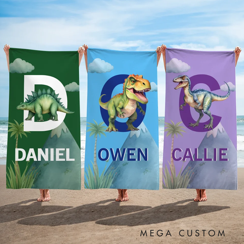 Personalized Cute Dinosaur Quick Dry Oversized Beach Towel with Name and Initial Travel Essential Summer Vacation Birthday Gift for Kids
