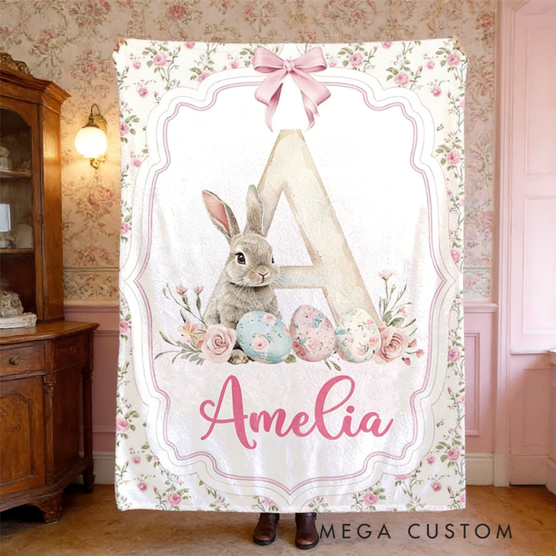 Personalized Retro Pink Bunny with Name Blanket Home Decor Birthday Gift for Kids Easter Gifts
