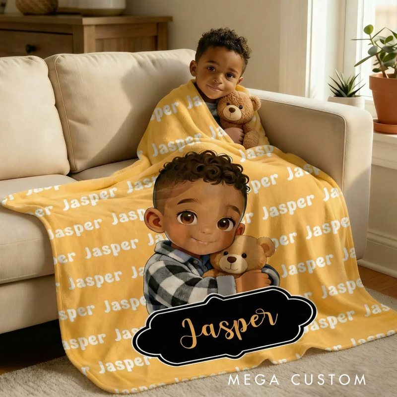 Personalized Cute Cartoon Little Black Boy Soft Throw Blanket with Name Home Decor Birthday Anniversary Gift for Boys
