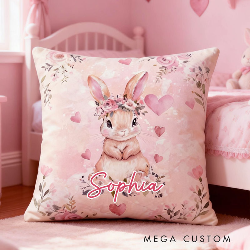 Personalized Watercolor Retro Pink Animal Pillow with Name Birthday Gifts for Kids Easter Gifts