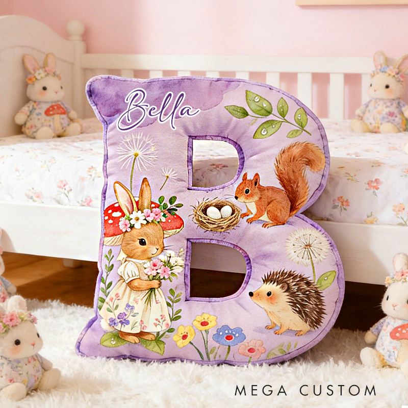 Personalized Woodland Animal Theme Custom Name Cute Bunny Hedgehog and Squirrel Pattern 3D Print Pillow