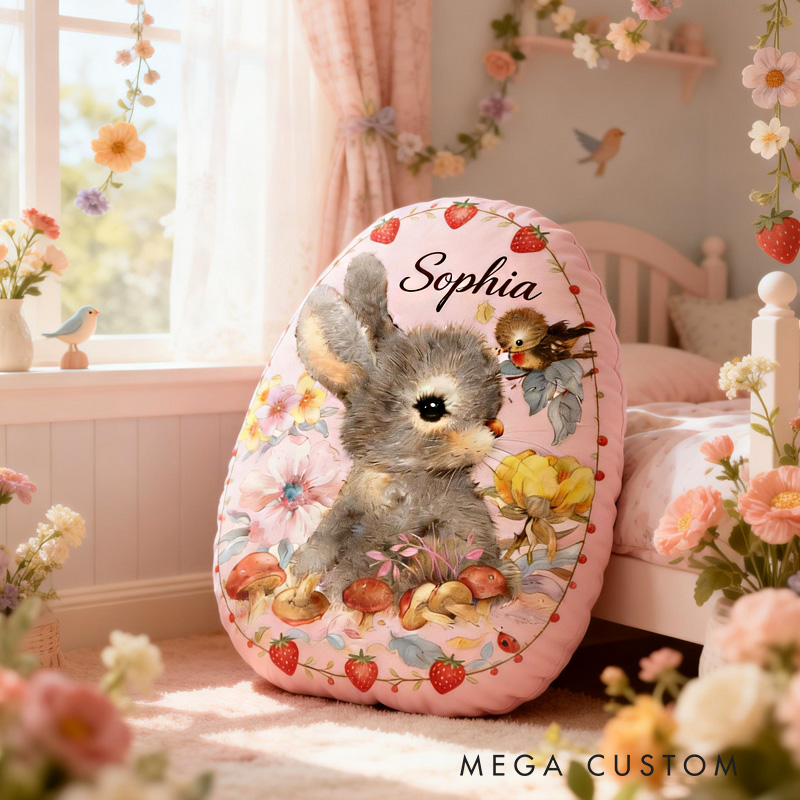 Personalized Bunny Theme Custom Name Cute Floral Rabbit Pattern Soft Nursery Decor 3D Print Pillow