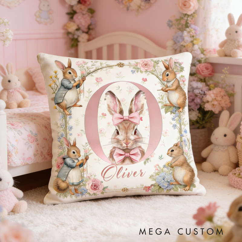 Personalized Bunny Theme Custom Name Cute Vintage Rabbit and Flower Pattern Nursery 3D Print Pillow