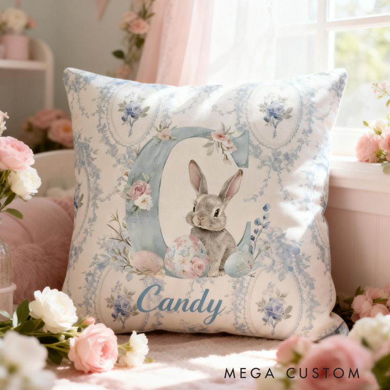 Personalized Bunny Theme Custom Name Soft Blue Floral Rabbit Pattern Baby Nursery 3D Print Pillow