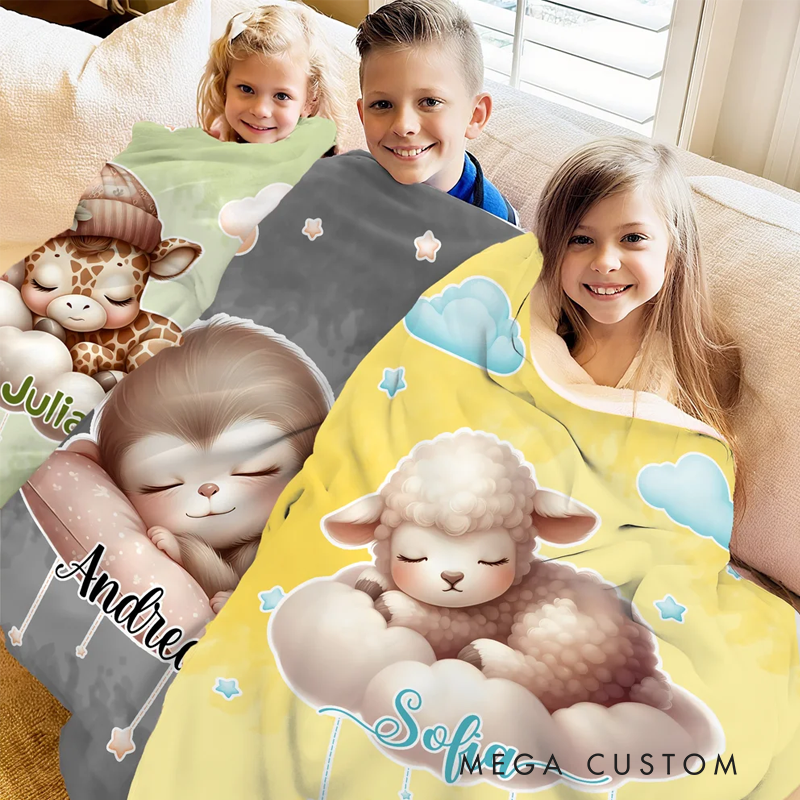 Personalized Moon Cloud Star Cute Cartoon Sleeping Animal Soft Throw Blanket with Name Home Decor Birthday Christmas Gift for Kids