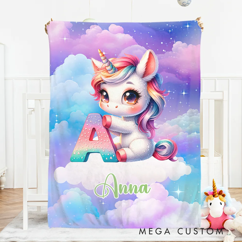 Personalized Gradient Dreamy Fantasy Unicorn Initial Design Soft Throw Blanket with Name Room Decor Christmas Gift for Women Girls