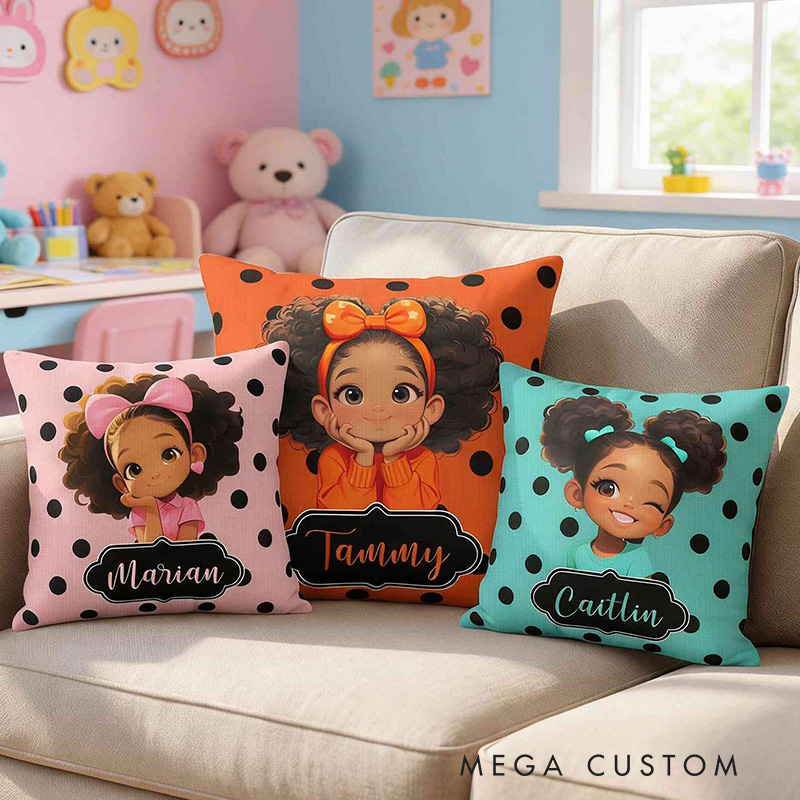 Personalized Girl Theme Custom Name Cute Pink Polka Dot Cartoon Character Style 3D Print Pillow