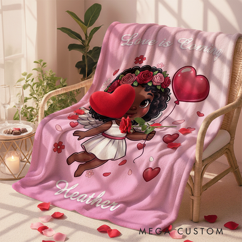 Personalized Name Valentine's Angel Pink Blanket Flannel Sherpa Throw for Bed Couch Home Decor Anniversary Valentine's Day Gift for Couples