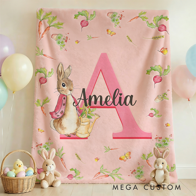 Personalized Name Peter Rabbit Bunny Alphabet Blanket Flannel Sherpa Bed Couch Throw Nursery Home Decor Birthday Easter Gift for Newborns Kids