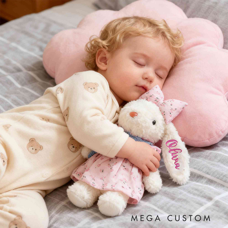 Personalized Cute Bunny Theme Custom Name Adorable Rabbit with Bow and Floral Dress Bunny Doll Toy