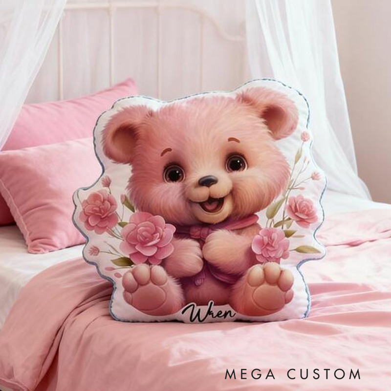 Personalized Nursery Decor Theme Custom Name Charming Pink Teddy with Floral Details 3D Print Pillow
