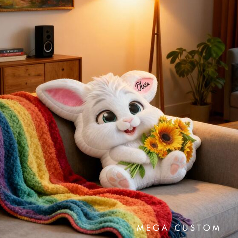 Personalized Bunny Theme Custom Name Cute White Rabbit Holding Sunflowers Soft 3D Print Pillow