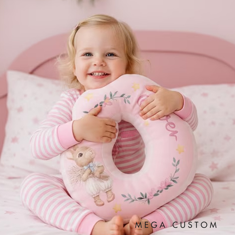Personalized Nursery Theme Custom Name Soft Blue Letter Shape with Adorable Bunny 3D Print Pillow
