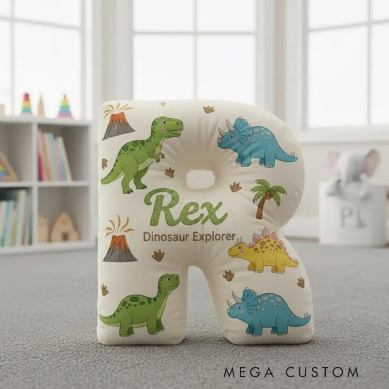Personalized Dinosaur Theme Custom Name Alphabet Letter Cushion with Cute Dinos 3D Print Pillow