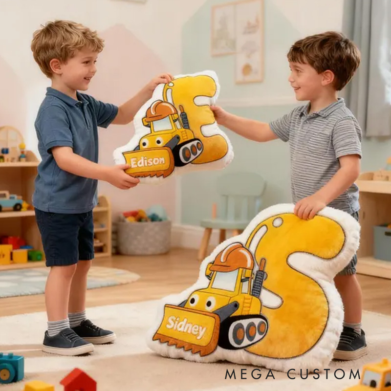 Personalized Construction Theme Custom Name Yellow Alphabet Cushion with Excavator 3D Print Pillow