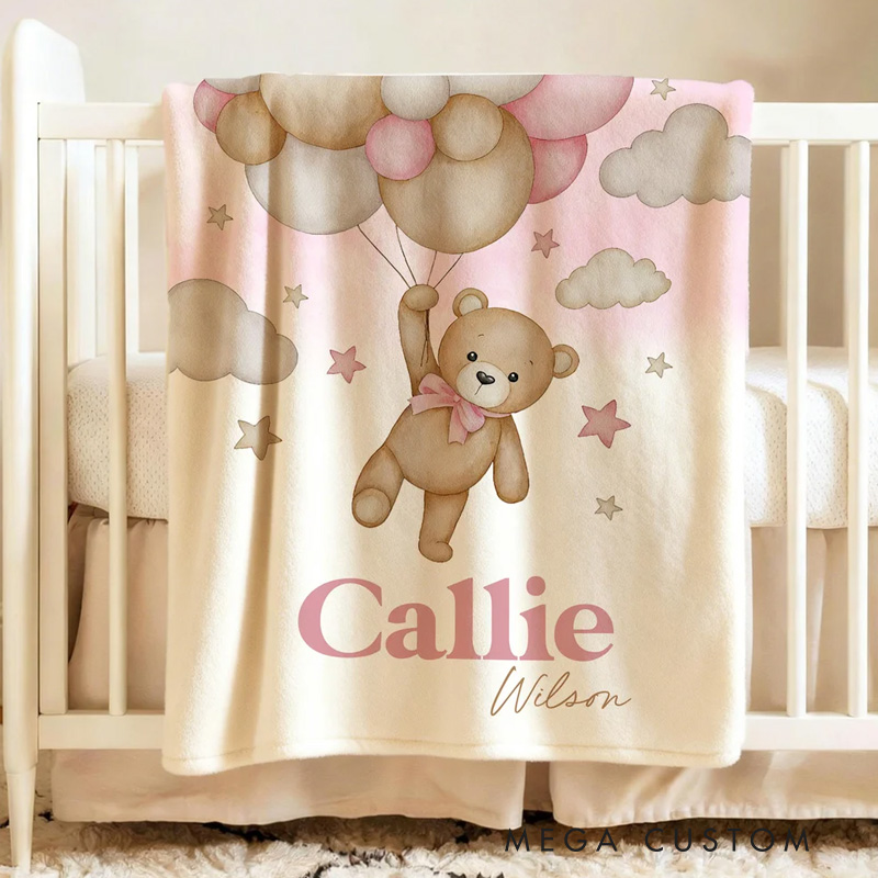 Personalized Bear Balloon Soft Throw Blanket with Name Home Decor Birthday Baby Shower Gift for Newborns Kids