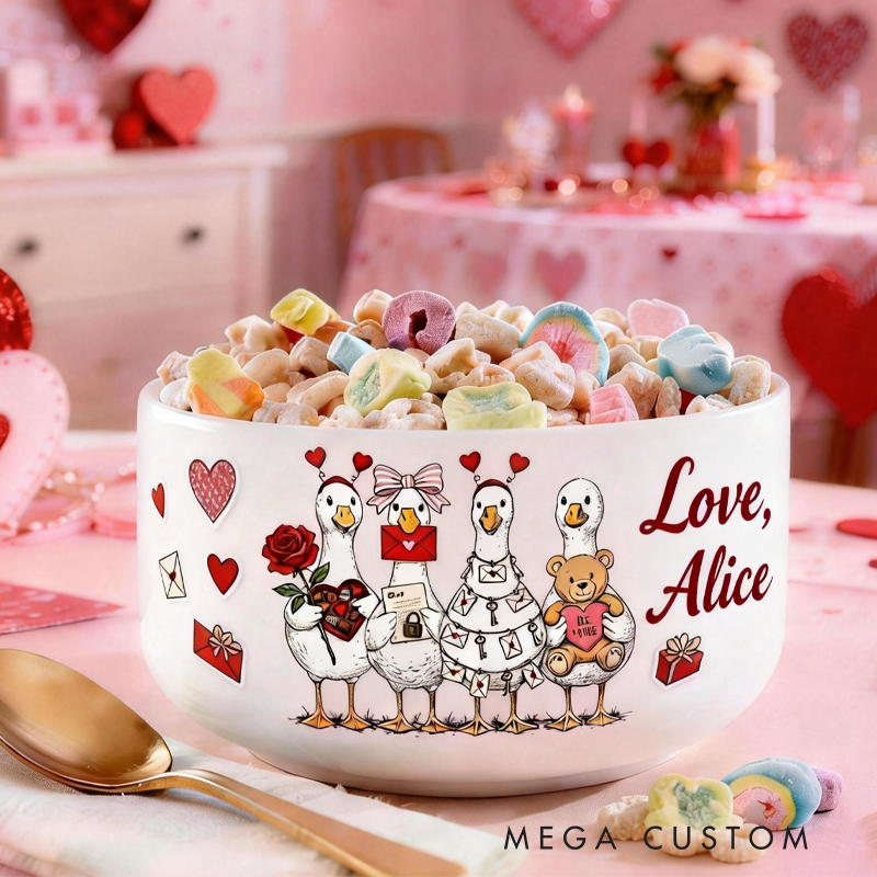 Personalized Pink Coquette Valentine Goose Cereal Bowl Valentine's Day Gifts