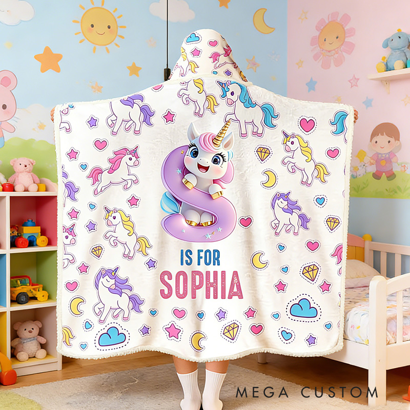 Personalized Kids Gift Theme Custom Name Colorful Rainbow Horse and Comfort Soft Hooded Blanket