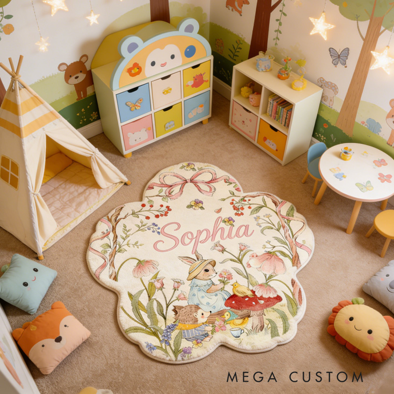 Personalized Woodland Theme Custom Name Cute Animal Forest Scene Soft Flower Shape Carpet Rug for Kids
